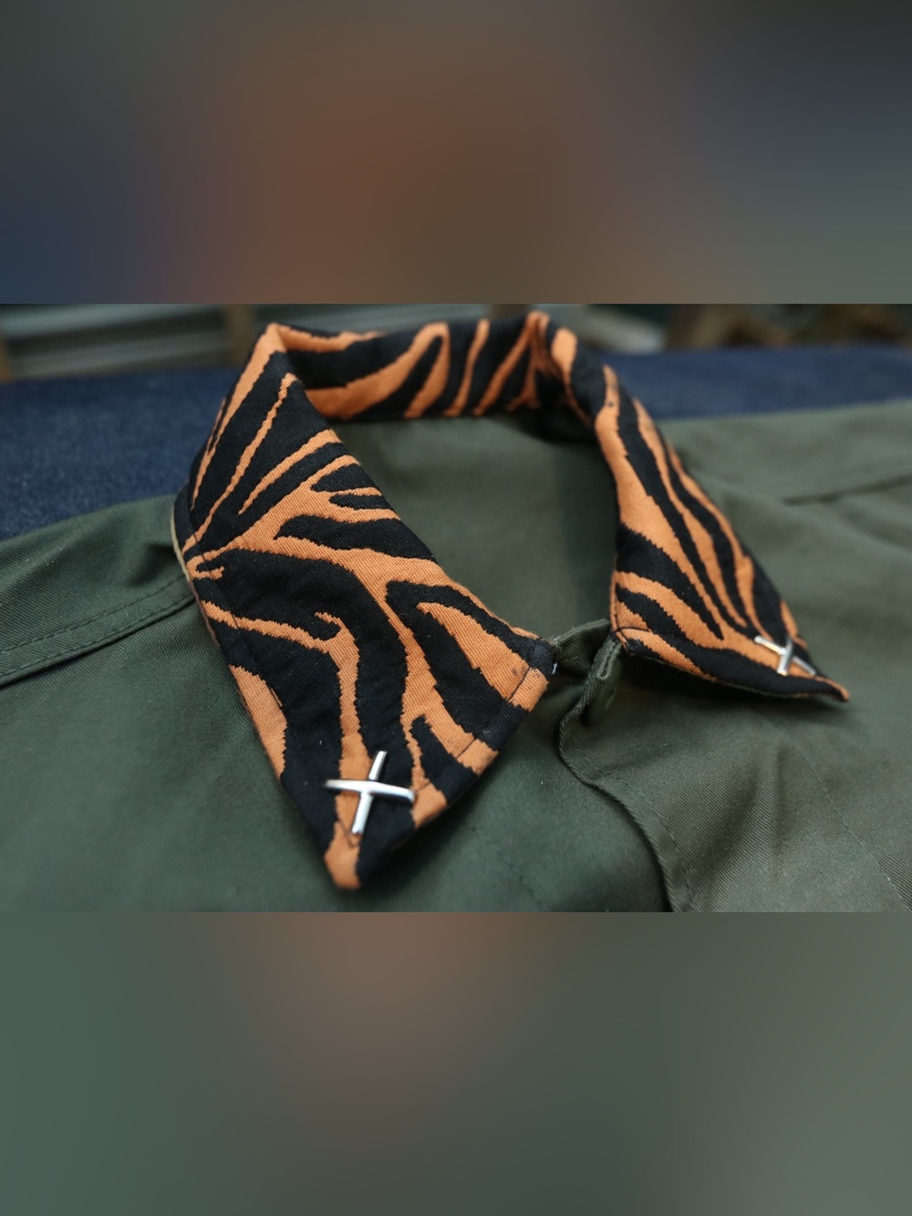 Tiger Stripe Collar Shirt in Olive Green army jacket. Upcycled